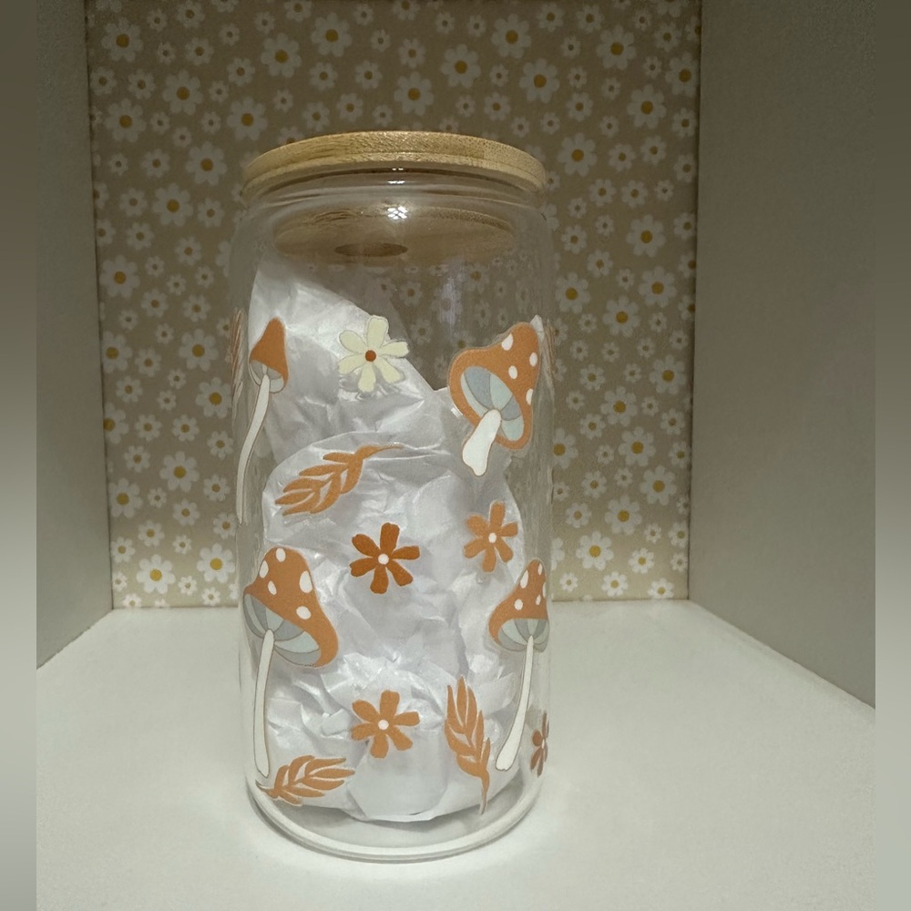 Mushroom and Floral Glass Tumbler